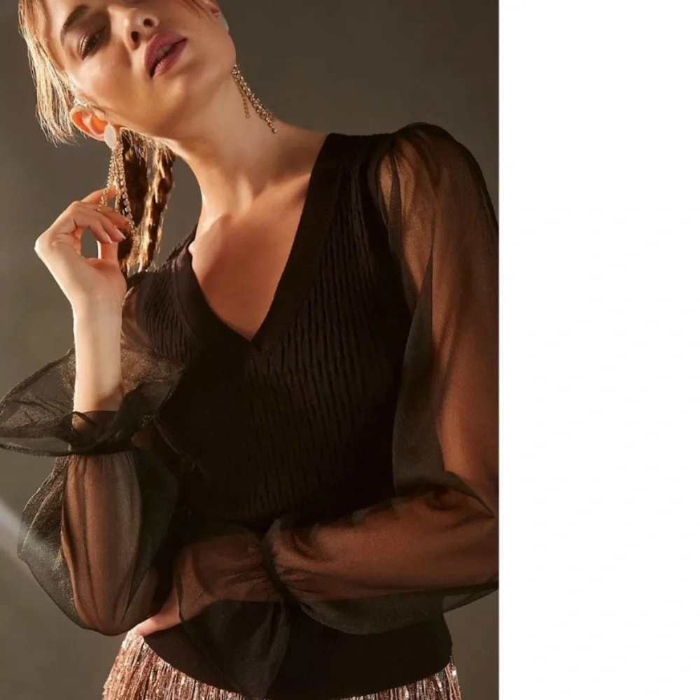 New Anthropologie Maeve Sheer-Sleeve Sweater size M BLACK - Picture 3 of 12